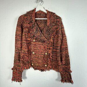 One Girl Who Anthropologie Multicolor Tweed Fringe Double Breasted Jacket Medium